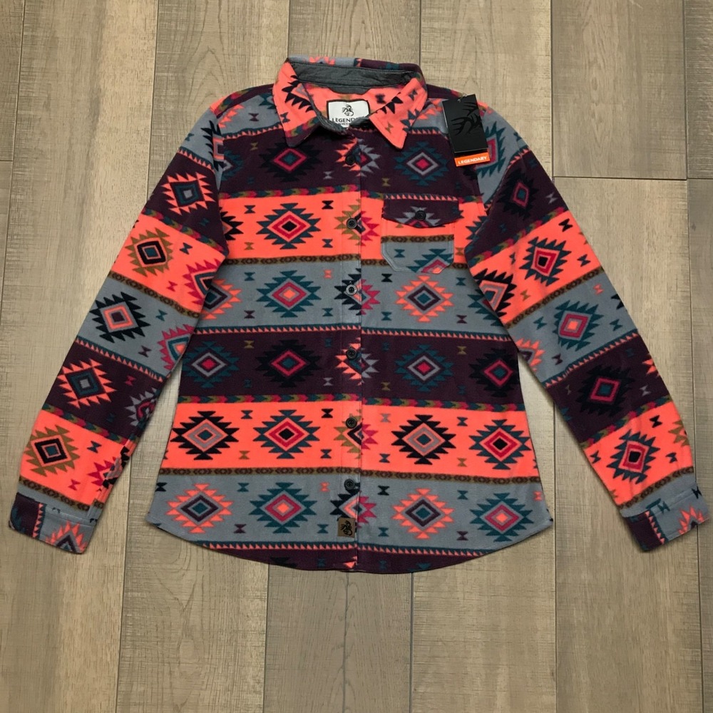Legendary Whitetails Top Shirt Womens Size S/M Multicolor Aztec Fleece Button Up
